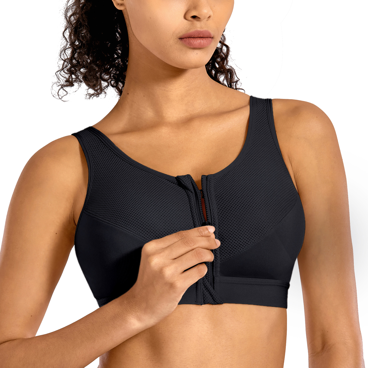 SYROKAN Women's Sports Bra High Impact Front Zip Wireless Cross