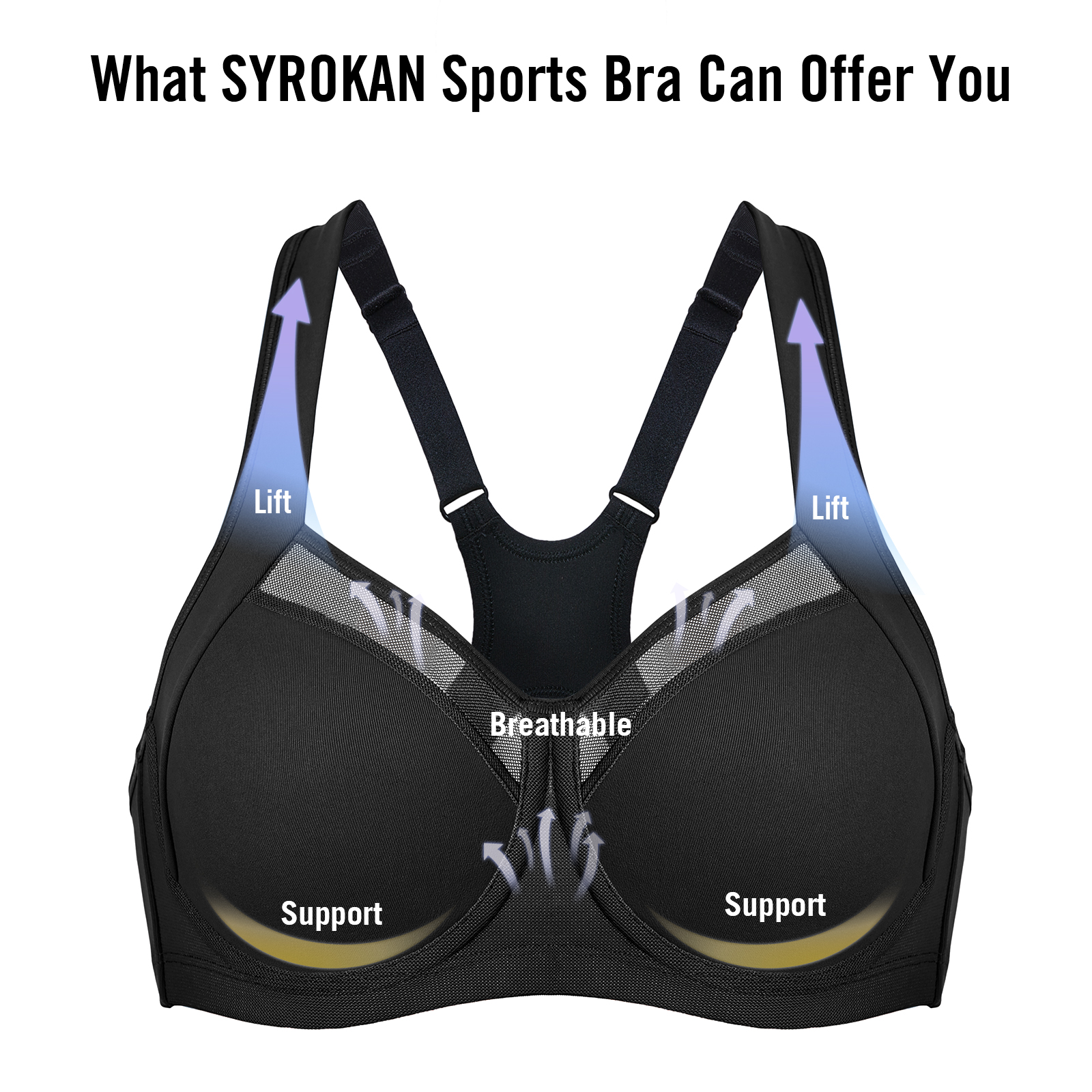 SYROKAN Women's High Impact Sports Bra Workout Powerback Support Bra  Underwire