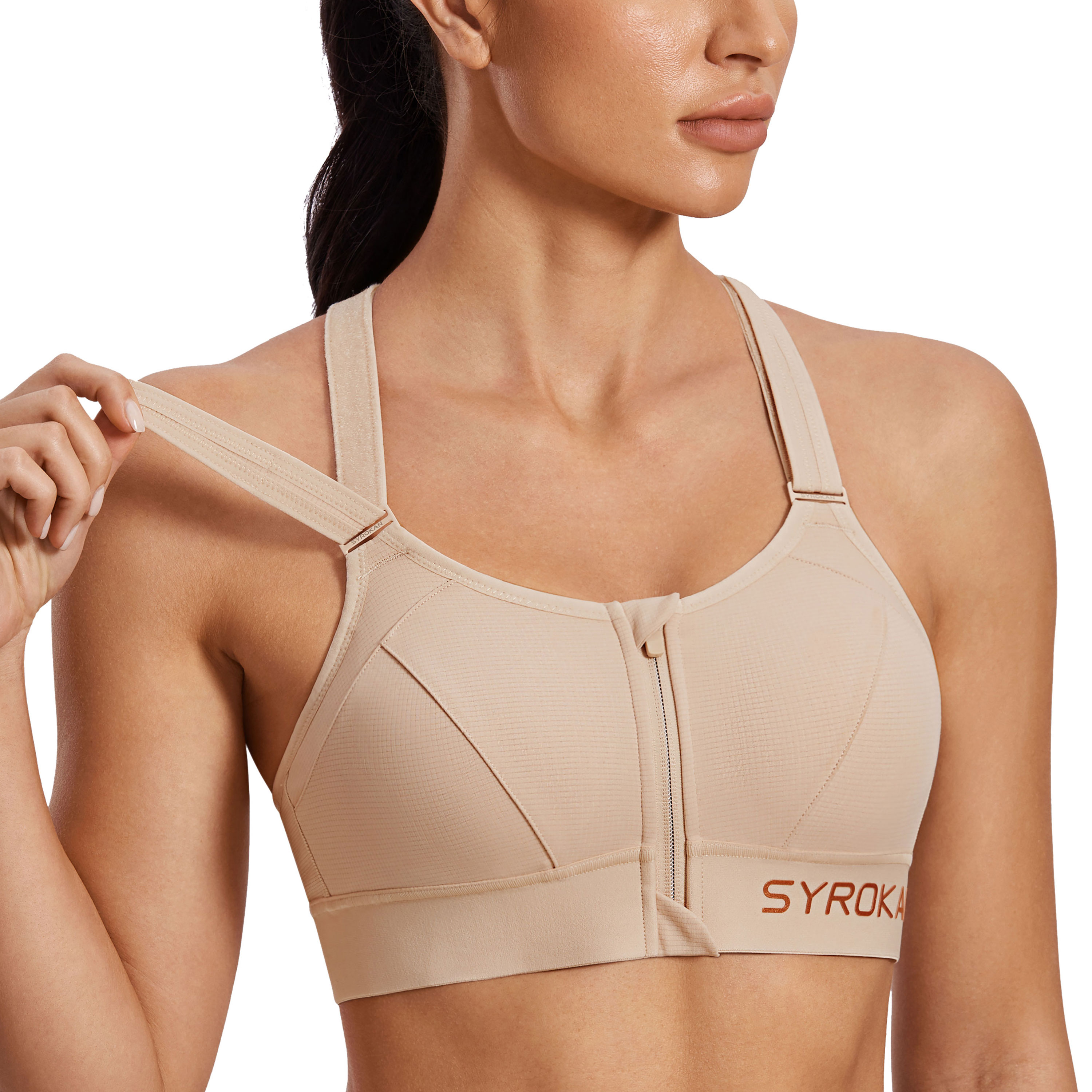 SYROKAN Womens' Sports Bra High Impact Support Zip Front Adjustable Large  Bust