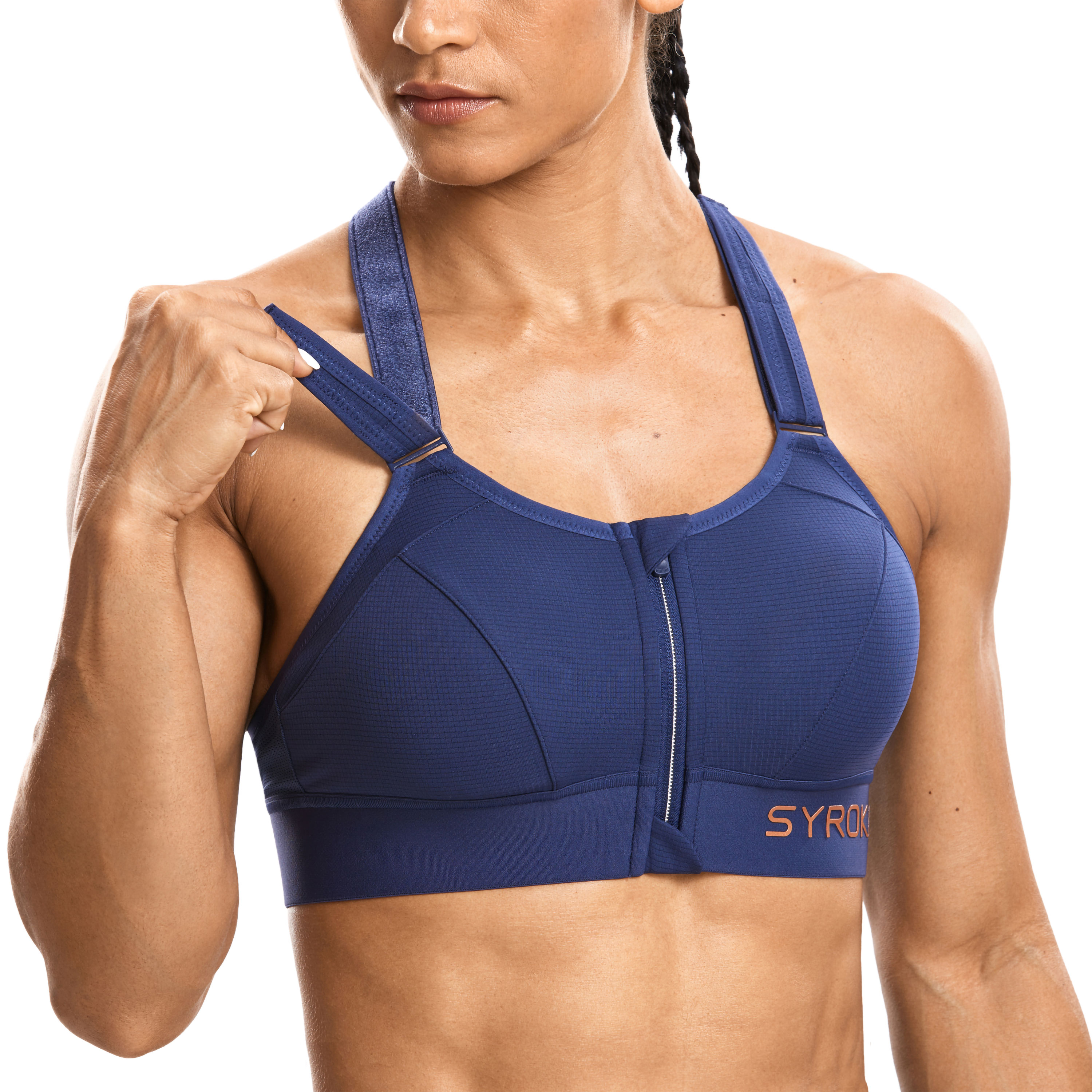 SYROKAN Womens' Sports Bra High Impact Support Zip Front Adjustable Large  Bust