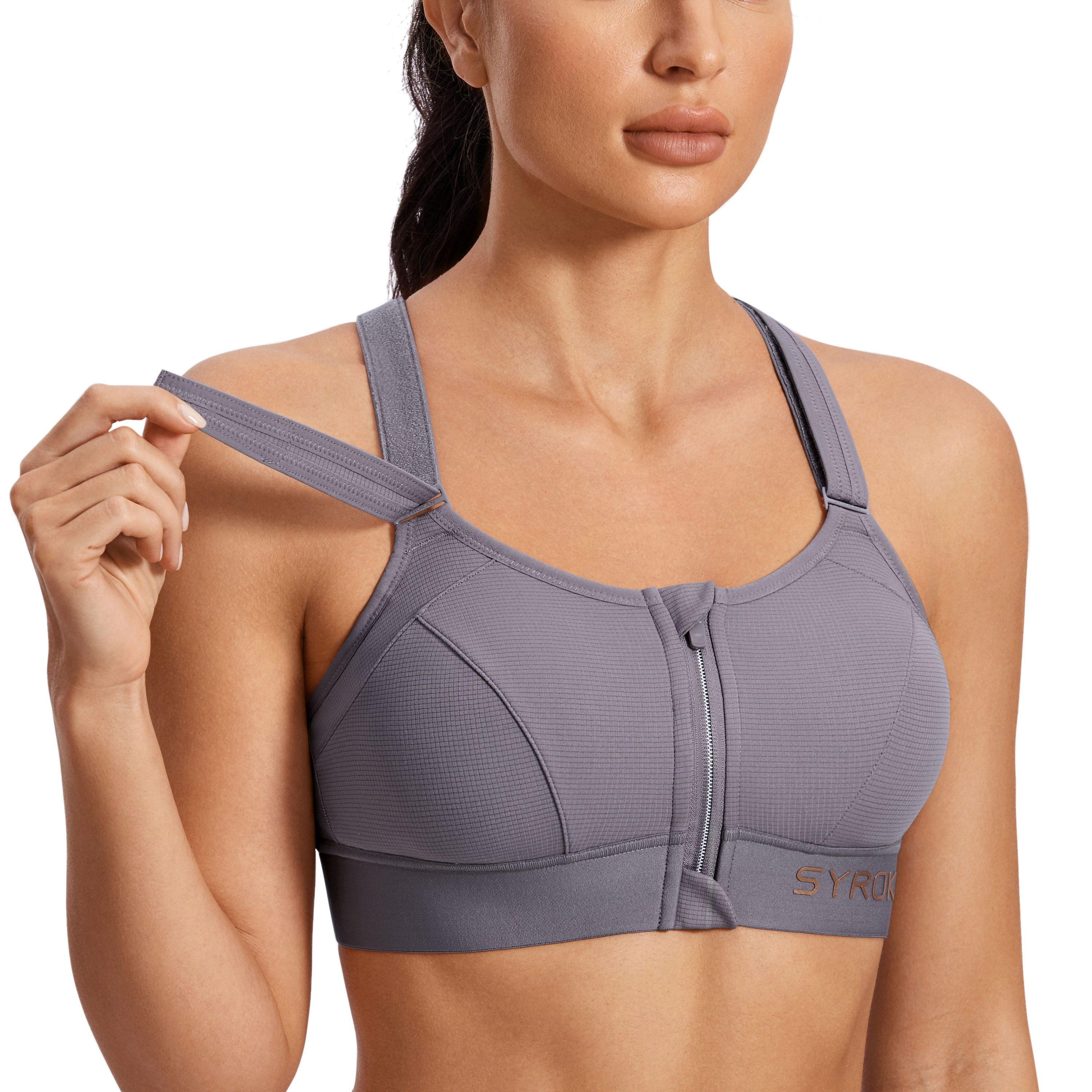 SYROKAN Womens' Sports Bra High Impact Support Zip Front Adjustable Large  Bust