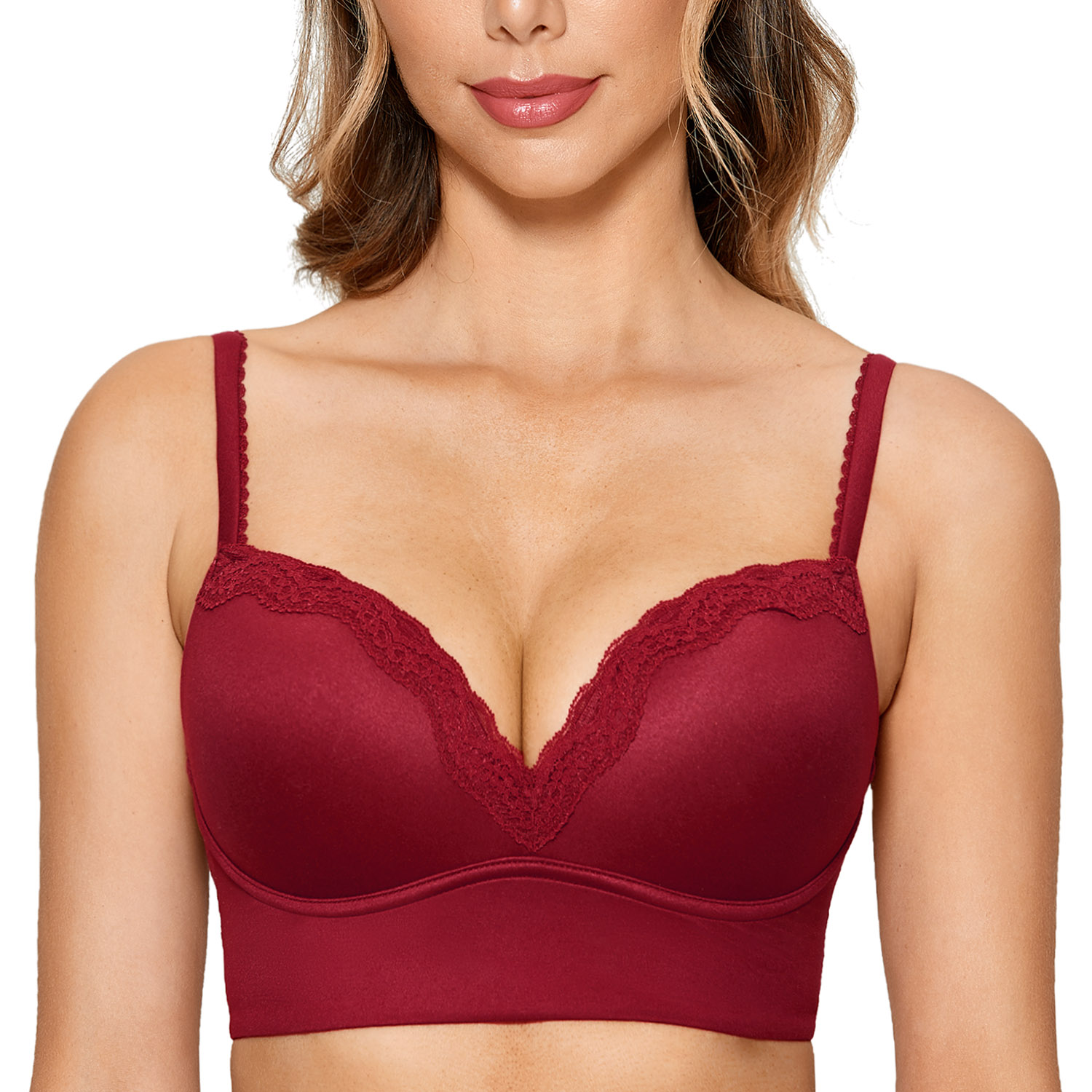 DOBREVA Women's Push Up Bras Wireless Padded Support Lace Longline