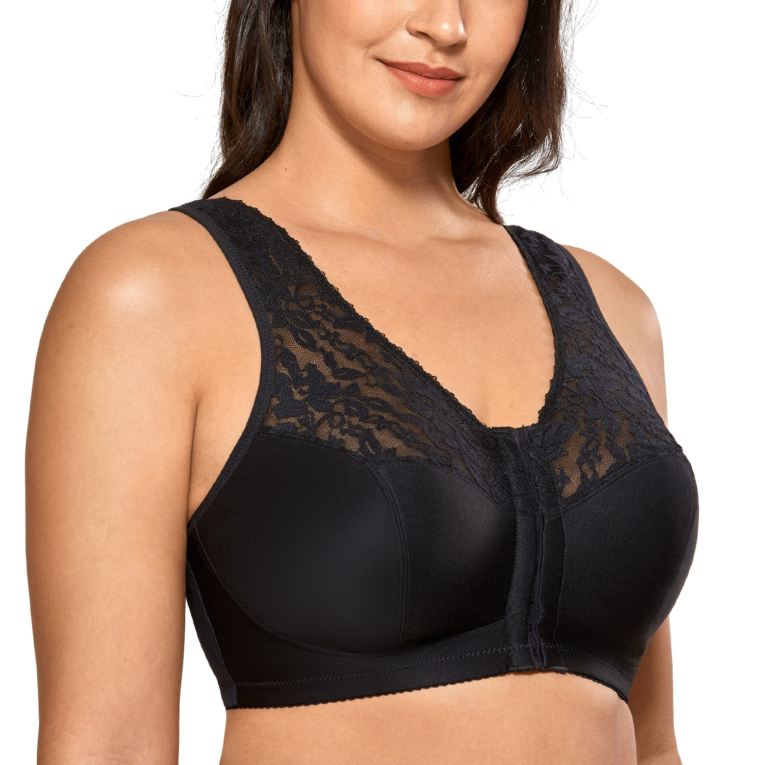 Women's Front Closure Bra Full Cup Wirefree Racerback Lace Plus Size