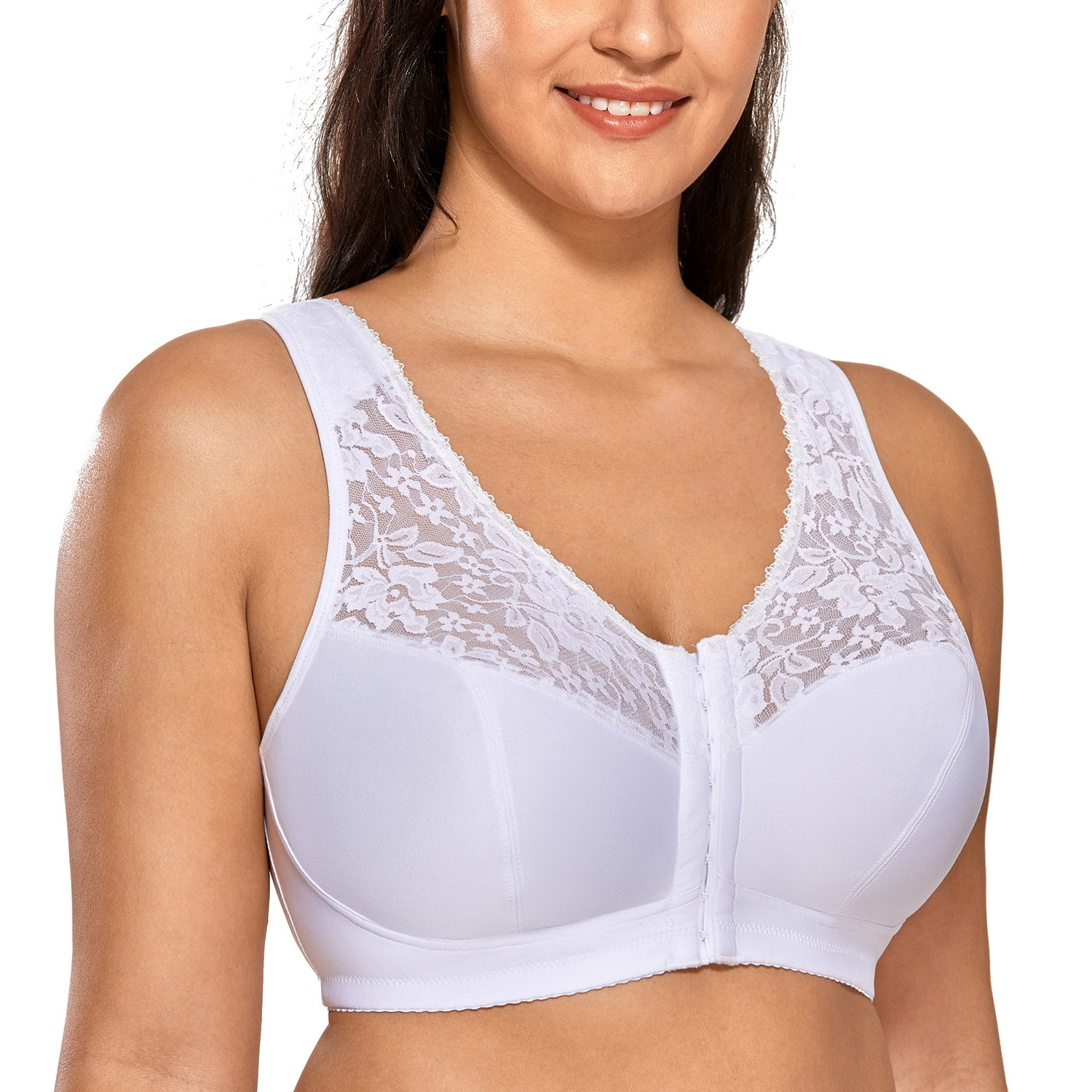 DELIMIRA Women Front Closure Bra Full Coverage Wirefree Lace Plus Size  Racerback