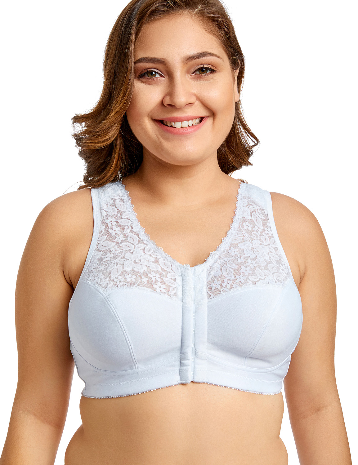 Delimira Women Front Closure Bra Full Coverage Wirefree Lace Plus Size